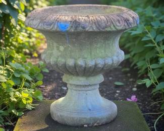 Beautiful antique Garden urn with green patina solid concrete