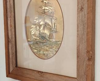 Vintage Framed Gold Foil Etching Nautical Ship Large 

Professionally framed in antique wood & matted in oval shape. 
