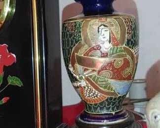 Antique Japanese Table Lamp Moriage Satsuma Vase Lamp Antique Japan 
Beautiful dragons in relief in brass
Geisha girl