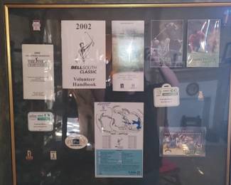 Shadow box frame with Masters Golf Tournament souvenirs as Francis was a volunteer