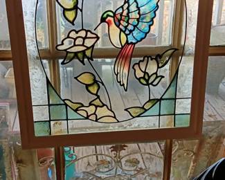 Large window hanging stained glass hummingbird and wooden frame