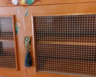 Primitive Pine cupboard with wire doors