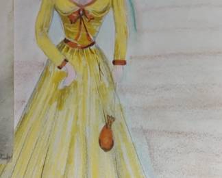 Beautiful 1960 sketch lady woman yellow dress