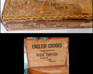 vintage wooden cigar box labeled "English Crooks". "Wine Dipped" cigars and was Distributed By J. T. English, Forsyth Ga.".
