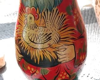 Vintage Russian Santa bell Santa holds a chicken.  A special bell encased in this hand painted wood tree creates a pleasantly muted Christmas bell jingle from this tree upon movement. Hand carved from solid wood and hand finished in remarkable detail with numerous coats and washes of paint.