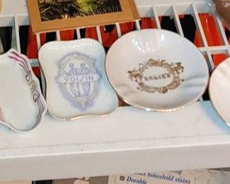 Vintage Ernie's Restaurant San Francisco Ashtray Pin Dish Souvenir
2nd one right
vintage  ashtray from the Palace Hotel in Madrid Spain 
1st one left 
Voisin Vintage Ashtray 4 Star French Hotel
One in the middle
Vintage The Blue Fox Restaurant San Francisco Ceramic Porcelain China Ashtray last on right