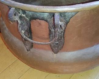 Early & Large copper cauldron Forged iron handles ( originally @ the old Pasley hotel that burned down) 
When the old Pasley hotel burned down many things that were salvaged were stored at Maggie's Pasleys house/ or barns & remained there) 