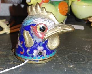VINTAGE CLOISONNE & BRASS ROOSTER HEAD TRINKET BOX