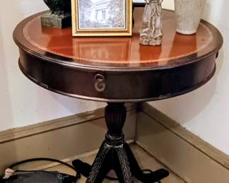 Vintage Ferguson  Duncan Phyfe Tooled Leather Drum Table-carved legs & brass paw feet
250 .00 