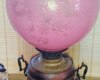 Antique Victorian Kerosene lamp/converted to Electric-Pink Dragon Globe)  Belonged to Leona Pasley
(Great Great grandmother)
