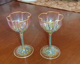 A J. & L. LOBMEYR TRANSLUCENT PINK GLASS ENAMELED 1900 Art Nouveau Corial Glasses ( very small)