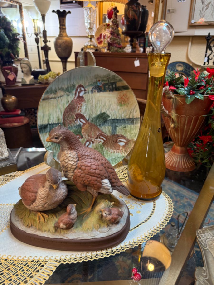 Heavy Plaster Quail Family Figurine & Quail Plate