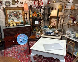 Framed oils, prints, white chalk painted side table, antique dresser, kitchen items