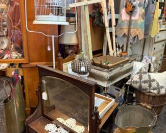 Vintage wood Bench, coal scuttle, bird cage, 
