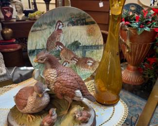Heavy Plaster Quail Family Figurine & Quail Plate