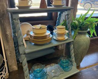 Pretty blue tea sets, dishes and a cute blue ladder shelf