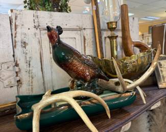vintage quail, antlers, brass candlesticks with globes