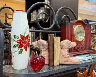 vintage clock, poinsettia vase, glass apple