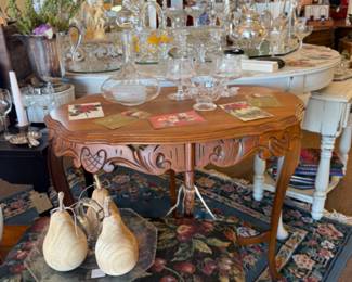 vintage carved table, wooden pears, cake plates, glassware, chairs