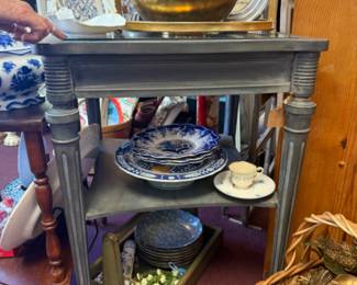 Vintage side table painted distressed gray with glass top 