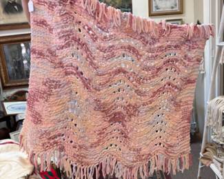 Chenille hand made baby sized blanket with pinks and grey
