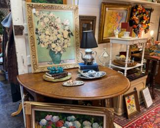 Floral oils, beautiful boat landscape, vintage books, Oak Barlety Twist Table