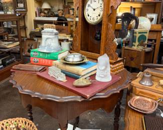 antique pie crust table, clock, books and more