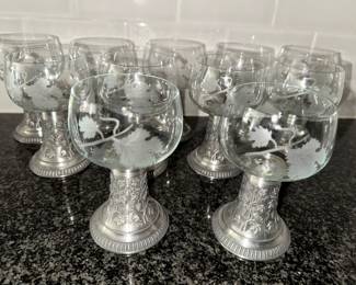 11 SKS Zinn Germany pewter and etched glass goblets