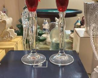 Set of Two Red and Clear Glass Candlesticks 21 hero