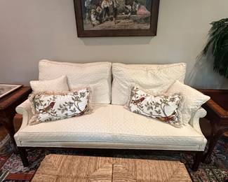 Chippendale style couch with beautiful carved feet and brand new upholstery 
Cushion is feather filled 
Bird pillows are also feathered filled 
The couch is made by Southwood furn co 
