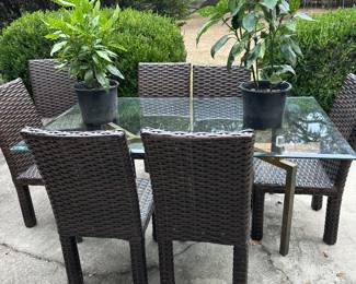 Steel and glass outside table with 8 woven plastic chairs 
These chairs list online for 1000 each 
Very high end 