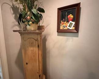 Old English pine clock case made into a tall standing shelf