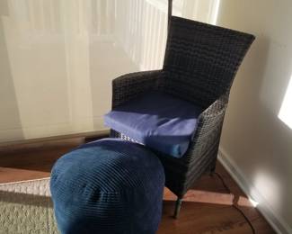 Navy arm chair; ottoman; floor lamp