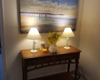 2-drawer foyer table; table lamps; artwork