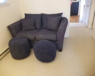Navy loveseat; navy ottomans