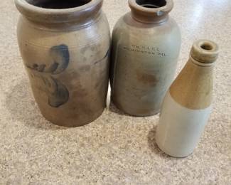 Stoneware crock; William Hare stoneware oyster jar; stoneware ginger beer bottle