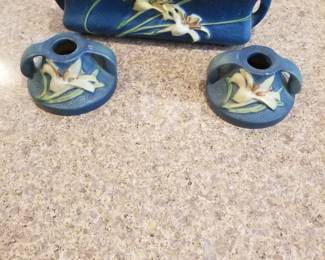 Roseville Zephyr Lily Bermuda Blue planter with two matching candle holders