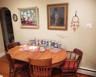 Oak pedestal table with 2chairs; also available - two captain's chairs