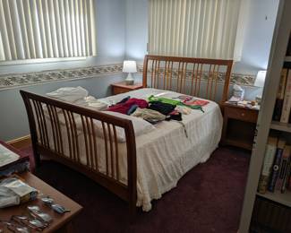 Full size mattress, bedspring and oak frame