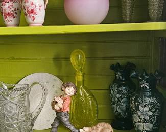 Capodimonte figurine, Vasaline glass bottle and Belleek tray, 