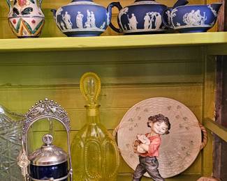 Wedgwood teaset, Capodimonte figurine, Vaseline glass decanter & pickle castor