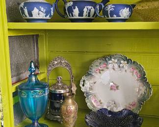 Wedgwood tea set, Murano glass, RS Prussia china