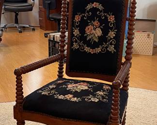 ANTIQUE ENGLISH BOBBIN LOUNGE CHAIR WITH NEEDLEPOINT SEAT & BACK