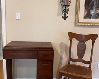VINTAGE SEWING TABLE, ANTIQUE CHAIR