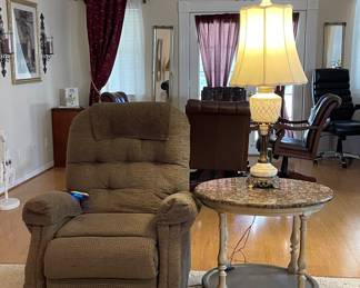 LIFT CHAIR, MARBLE-TOP END TABLE