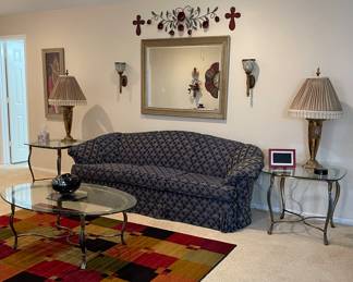 SOFA WITH MATCHING LOVESEAT, METAL GLASS-TOP COFFEE AND END TABLES