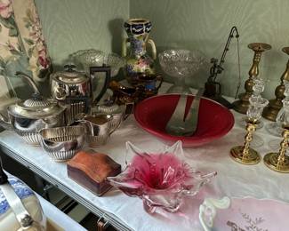 Silver Plate Coffee / Tea Set, Art Glass Dish, Candle Holders