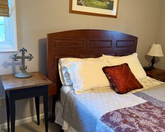 Old door turned queen headboard, primitive two-toned side table