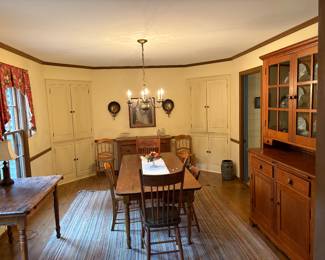 Antique tables, chairs and step back cupboard, Striped rug