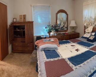 Country bedroom suite (armware, dresser, mirror and bedside table, and also a comforter and shams.